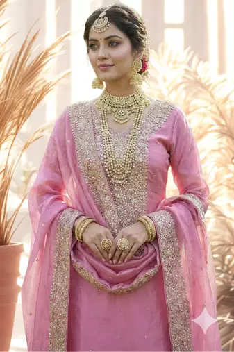 Pink Pure Silk kurta Palazzo and Dupatta Embroidered Work 3pc set