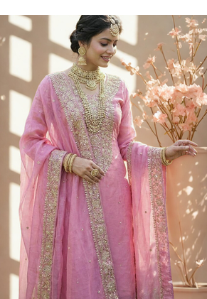 Pink Pure Silk kurta Palazzo and Dupatta Embroidered Work 3pc set 3