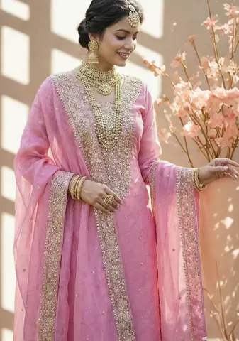 Pink Pure Silk kurta Palazzo and Dupatta Embroidered Work 3pc set
