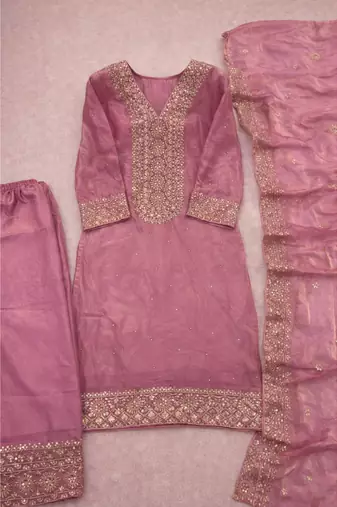 Pink Pure Silk kurta Palazzo and Dupatta Embroidered Work 3pc set