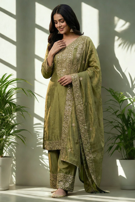 Green Pure Silk kurta Palazzo and Dupatta Embroidered Work 3pc set 1