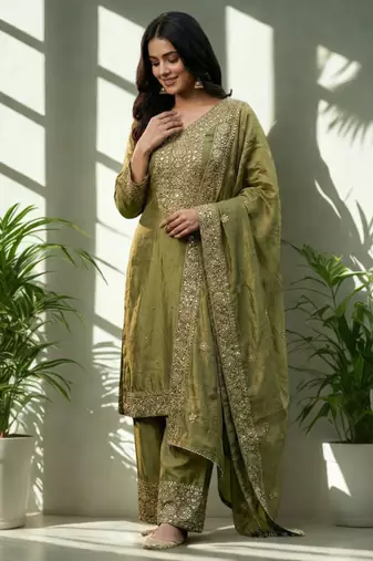 Green Pure Silk kurta Palazzo and Dupatta Embroidered Work 3pc set