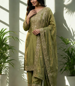 Green Pure Silk kurta Palazzo and Dupatta Embroidered Work 3pc set