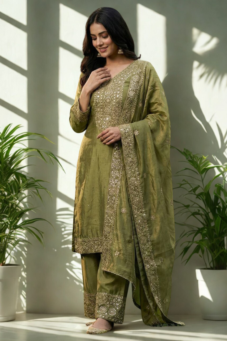Green Pure Silk kurta Palazzo and Dupatta Embroidered Work 3pc set