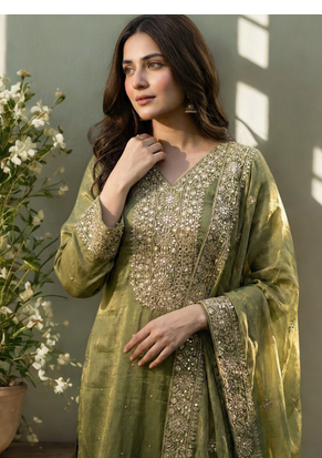 Green Pure Silk kurta Palazzo and Dupatta Embroidered Work 3pc set 2