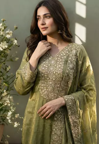 Green Pure Silk kurta Palazzo and Dupatta Embroidered Work 3pc set