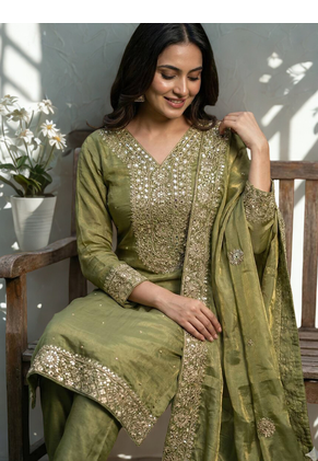 Green Pure Silk kurta Palazzo and Dupatta Embroidered Work 3pc set 3