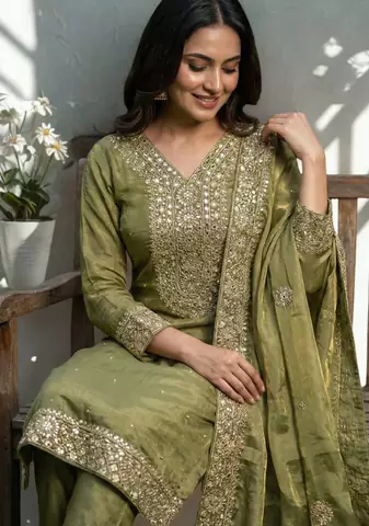 Green Pure Silk kurta Palazzo and Dupatta Embroidered Work 3pc set