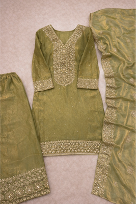 Green Pure Silk kurta Palazzo and Dupatta Embroidered Work 3pc set 4