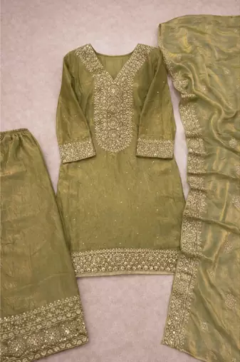 Green Pure Silk kurta Palazzo and Dupatta Embroidered Work 3pc set