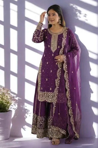 Purple Silk Fabric Kurta Palazzo and Dupatta Embroidered Work 3pc Set