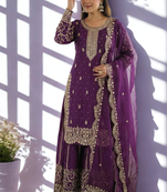 Purple Silk Fabric Kurta Palazzo and Dupatta Embroidered Work 3pc Set