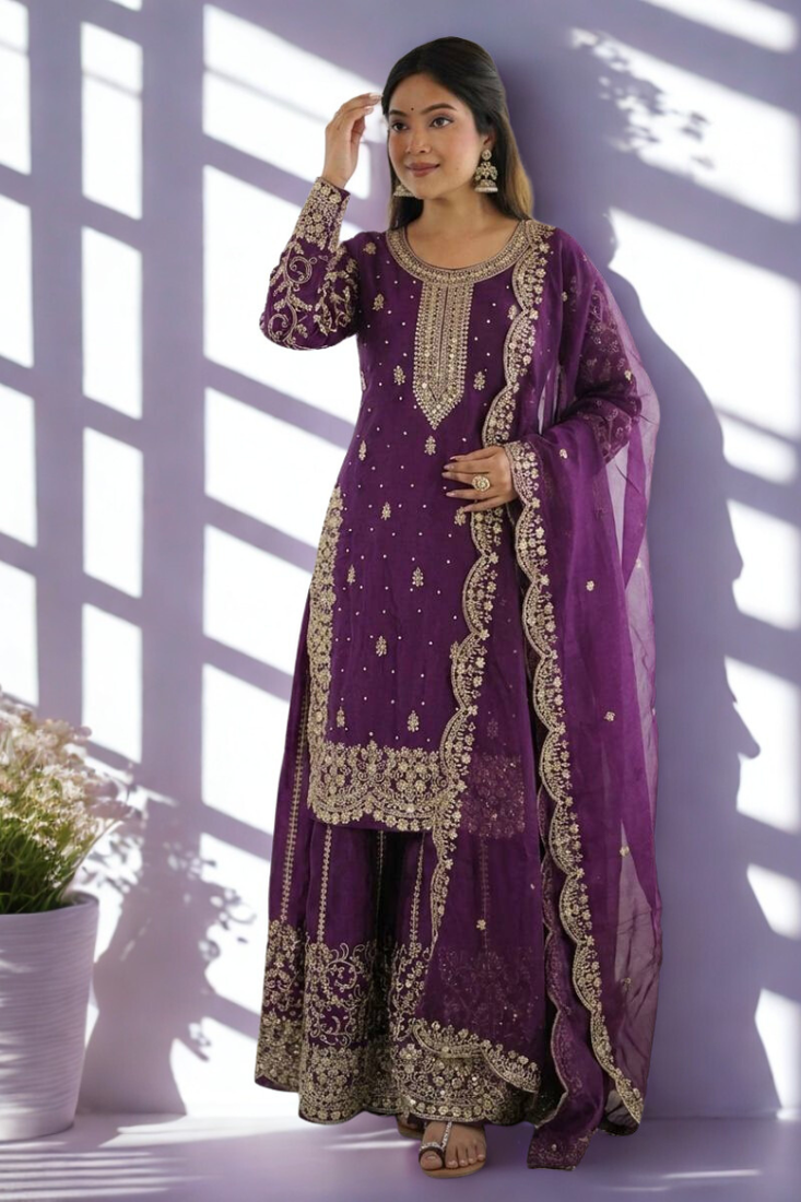 Purple Silk Fabric Kurta Palazzo and Dupatta Embroidered Work 3pc Set