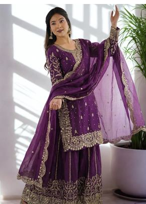 Purple Silk Fabric Kurta Palazzo and Dupatta Embroidered Work 3pc Set 2