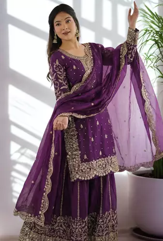 Purple Silk Fabric Kurta Palazzo and Dupatta Embroidered Work 3pc Set