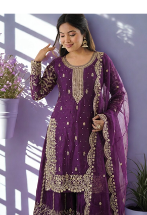 Purple Silk Fabric Kurta Palazzo and Dupatta Embroidered Work 3pc Set 3