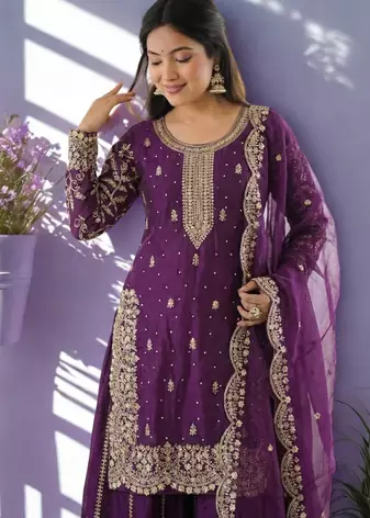 Purple Silk Fabric Kurta Palazzo and Dupatta Embroidered Work 3pc Set