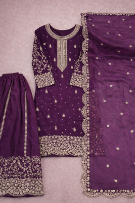Purple Silk Fabric Kurta Palazzo and Dupatta Embroidered Work 3pc Set 4