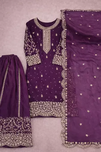 Purple Silk Fabric Kurta Palazzo and Dupatta Embroidered Work 3pc Set