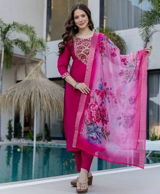 Women's Gorgeous Embroidery Work Chanderi Fabric Straight Kurta Pant and Dupatta Set 1