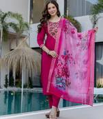 Women's Gorgeous Embroidery Work Chanderi Fabric Straight Kurta Pant and Dupatta Set