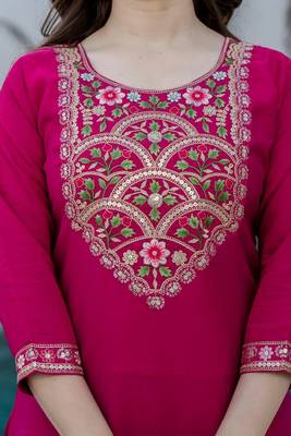 Women's Gorgeous Embroidery Work Chanderi Fabric Straight Kurta Pant and Dupatta Set 2