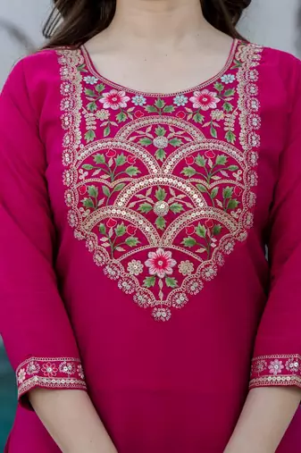 Women's Gorgeous Embroidery Work Chanderi Fabric Straight Kurta Pant and Dupatta Set