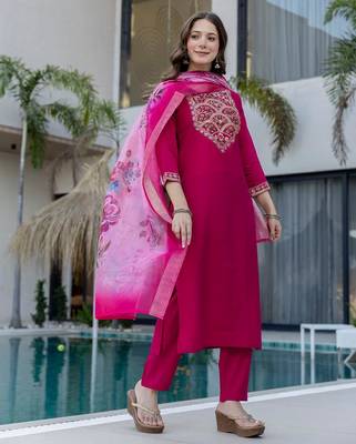 Women's Gorgeous Embroidery Work Chanderi Fabric Straight Kurta Pant and Dupatta Set 3