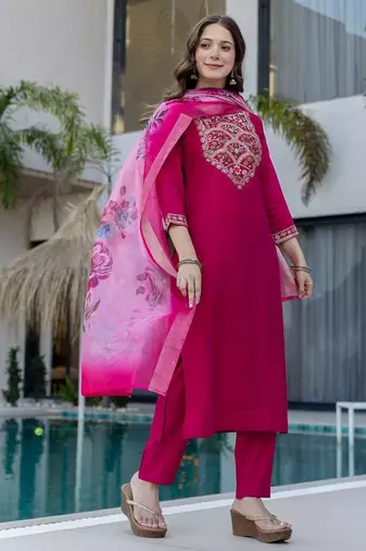 Women's Gorgeous Embroidery Work Chanderi Fabric Straight Kurta Pant and Dupatta Set