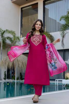 Women's Gorgeous Embroidery Work Chanderi Fabric Straight Kurta Pant and Dupatta Set 5