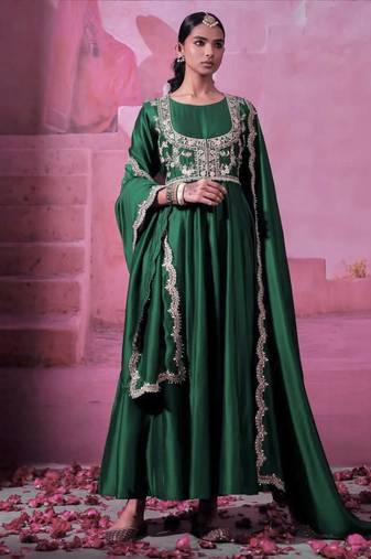 Green chinnon silk solid flared gown with sequins embroidered koti and dupatta