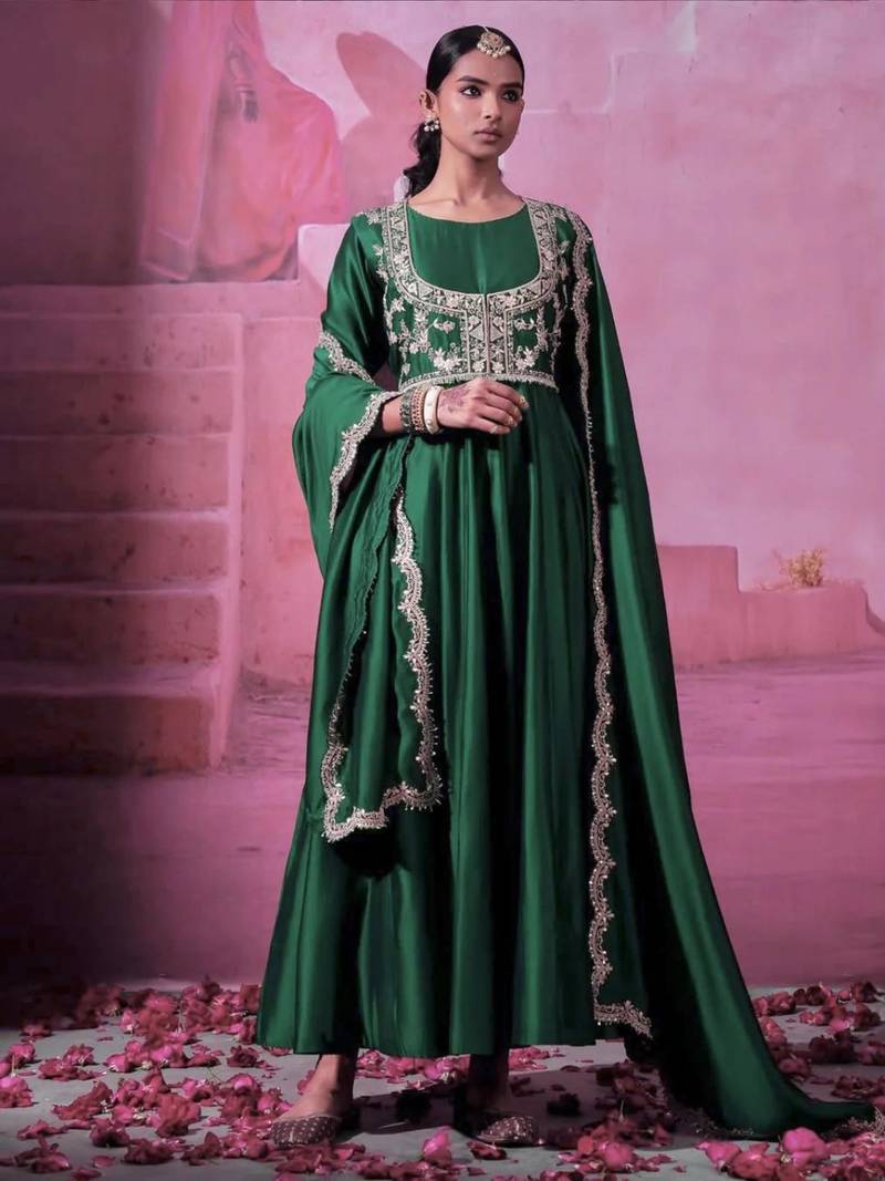 Green chinnon silk solid flared gown with sequins embroidered koti and dupatta