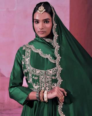 Green chinnon silk solid flared gown with sequins embroidered koti and dupatta 2