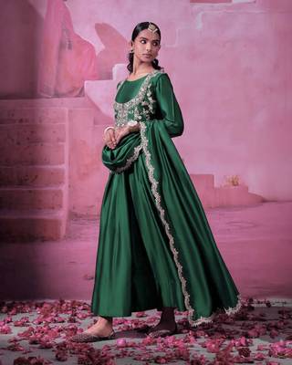 Green chinnon silk solid flared gown with sequins embroidered koti and dupatta 3