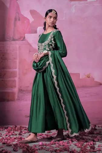 Green chinnon silk solid flared gown with sequins embroidered koti and dupatta
