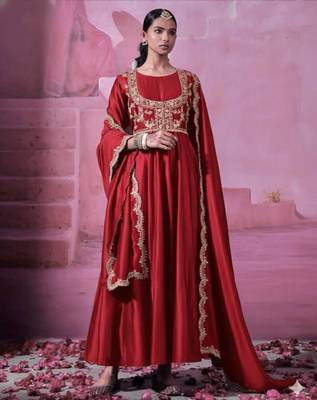 Maroon chinnon silk solid flared gown with sequins embroidered koti and dupatta 1