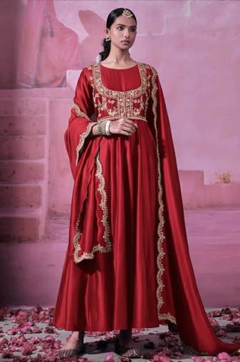 Maroon chinnon silk solid flared gown with sequins embroidered koti and dupatta