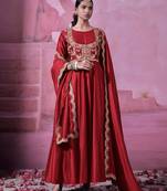 Maroon chinnon silk solid flared gown with sequins embroidered koti and dupatta