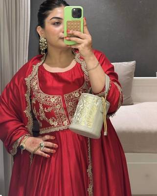Maroon chinnon silk solid flared gown with sequins embroidered koti and dupatta 2