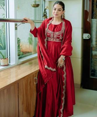 Maroon chinnon silk solid flared gown with sequins embroidered koti and dupatta 3