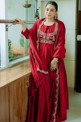 Maroon chinnon silk solid flared gown with sequins embroidered koti and dupatta