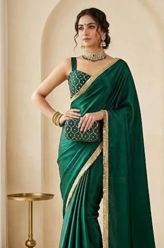 Designer Chinon Saree Decorated With Readymade Gold Sequence Lace  And Sequence Embroidered Unstitched  Blouse Piece