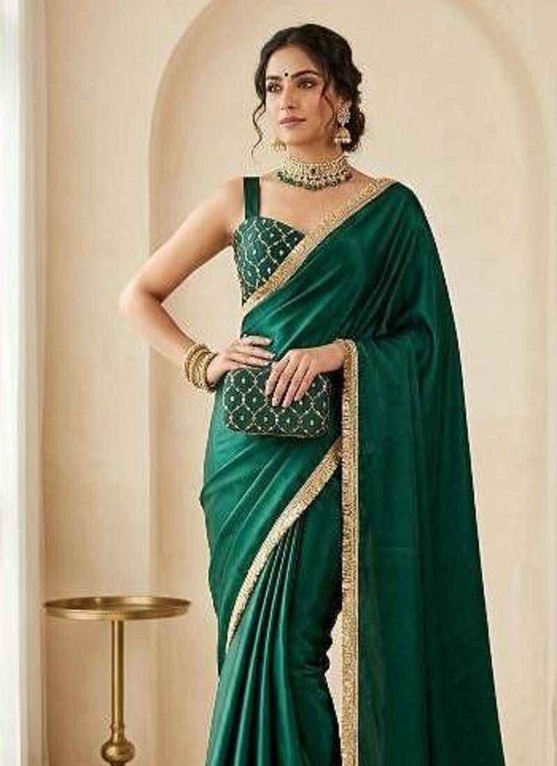 Designer Chinon Saree Decorated With Readymade Gold Sequence Lace  And Sequence Embroidered Unstitched  Blouse Piece