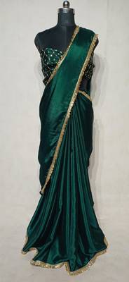 green chinon saree with sequins lace work 2