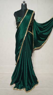 green chinon saree with sequins lace work 3