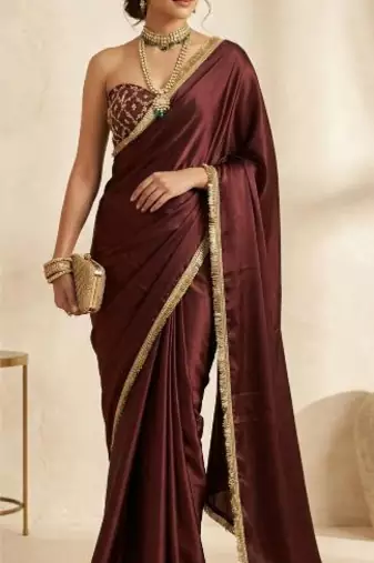 Designer Chinon Saree Decorated With Readymade Gold Sequence Lace  And Sequence Embroidered Unstitched  Blouse Piece