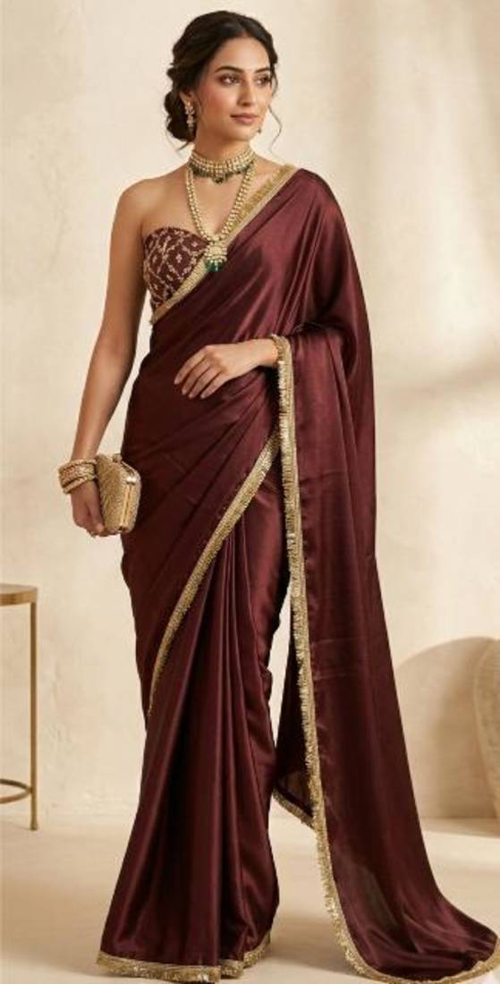 Designer Chinon Saree Decorated With Readymade Gold Sequence Lace  And Sequence Embroidered Unstitched  Blouse Piece