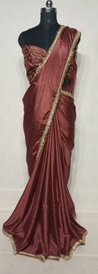 coffee chinon saree with sequins lace work 2