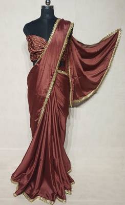 coffee chinon saree with sequins lace work 3