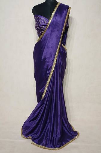 purple chinon saree with sequins lace work